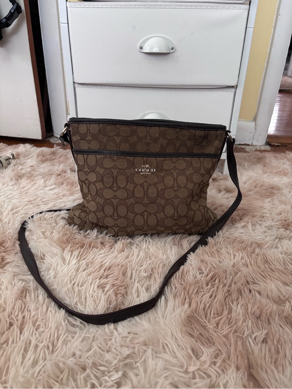 Coach Brown Signature Canvas Crossbody Bag with Dark Trim